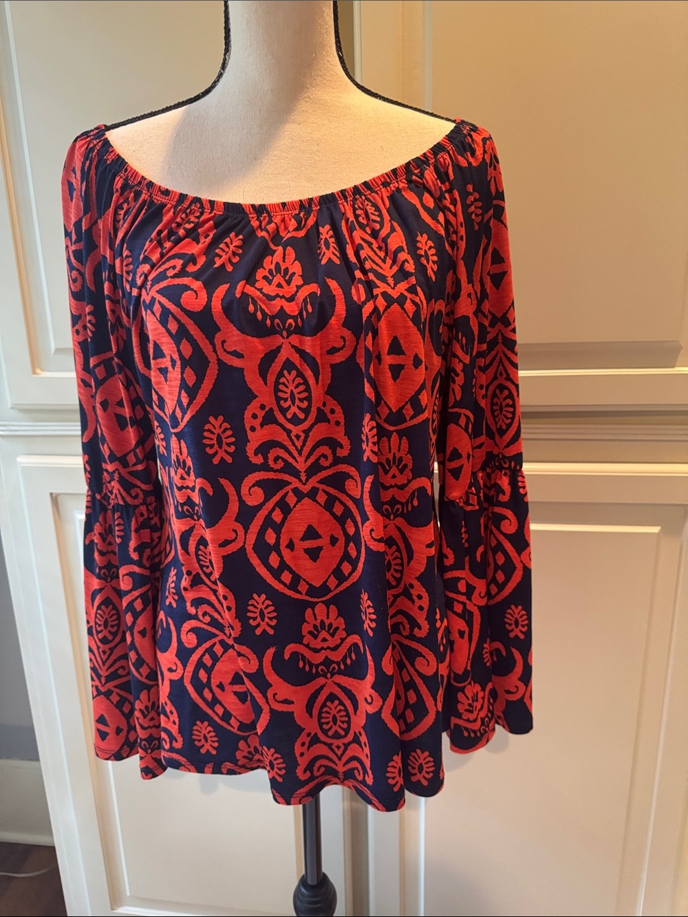 Women’s Off-Shoulder Navy and orange Patterned Top